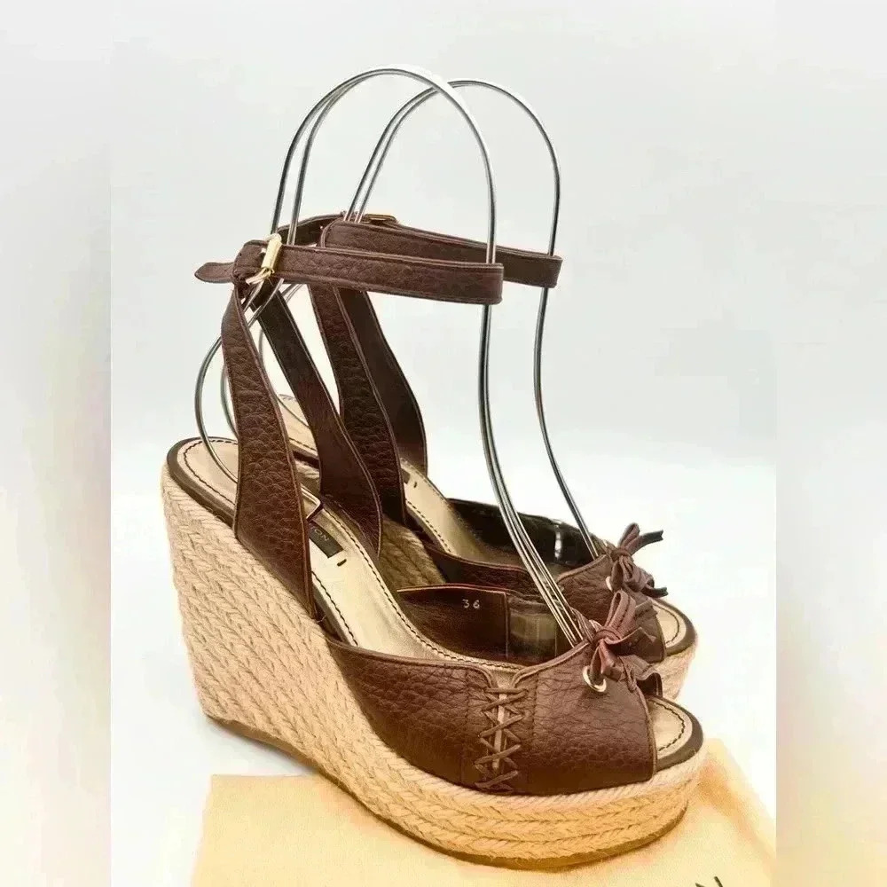 Louis Vuitton Manyara Women’s Size 36 Brown Leather Wedge Espadrille Sandals - Picture 10 of 15